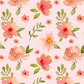 Pink and orange peonies and leaves watercolor design on pink background