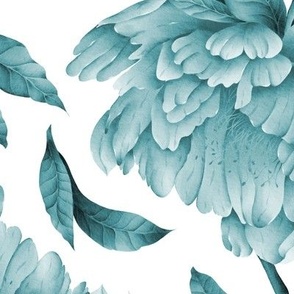 Blue monochromatic trailing watercolor peonies and leaves on white background
