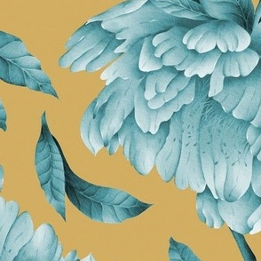 Blue monochromatic trailing watercolor peonies and leaves on mustard yellow background
