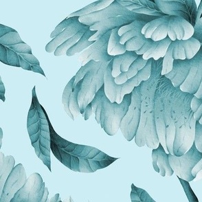 Blue monochromatic trailing watercolor peonies and leaves on light blue background