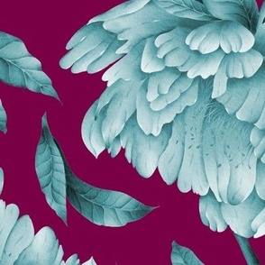 Blue monochromatic trailing watercolor peonies and leaves on dark pink background