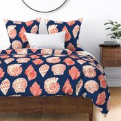 Large - Coral orange and ivory white seashells on classic navy blue - Beach life Sea Ocean Scallop Shells Shell Beach Life Lakelife