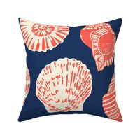 Large - Coral orange and ivory white seashells on classic navy blue - Beach life Sea Ocean Scallop Shells Shell Beach Life Lakelife