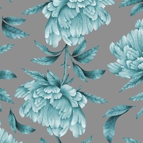 Blue monochromatic trailing watercolor peonies and leaves on grey background