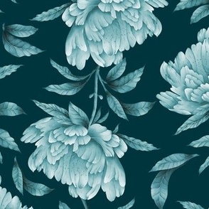 Blue monochromatic trailing watercolor peonies and leaves on dark blue background