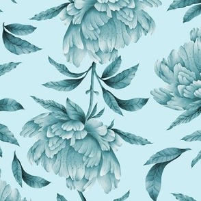 Blue monochromatic trailing watercolor peonies and leaves on light blue background