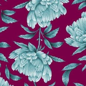 Blue monochromatic trailing watercolor peonies and leaves on dark pink background