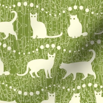 White Cats on Green Background   