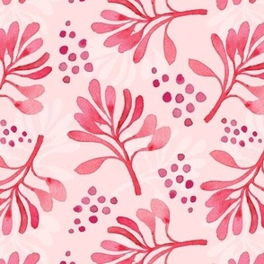 Pink watercolor leaves and dots non-directional pattern on pink background
