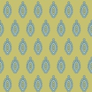 Medium - Ornamental fish - admiral blue and tidewater blue on dill green - simple pattern inspired by indian block print fabrics 