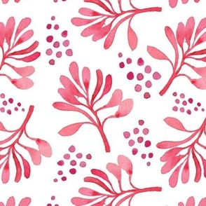 Pink watercolor leaves and dots non-directional pattern on white background
