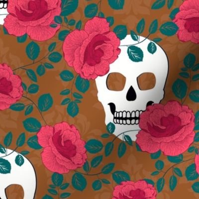 Gothic Roses and Skulls Halloween Pattern (brown) - large