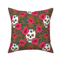 Gothic Roses and Skulls Halloween Pattern (brown) - large