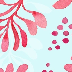 Pink watercolor leaves and dots non-directional pattern on light turquoise blue background