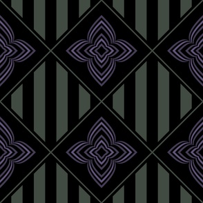 Midnight Violet ›› Dark purple geometric flowers on dark green and black stripes ›› 'Midnight Violet' Collection ››