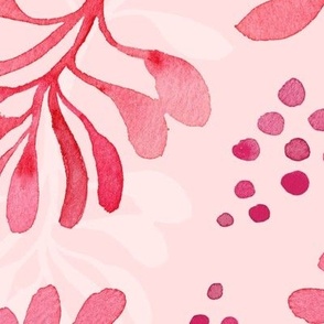 Pink watercolor leaves and dots non-directional pattern on pink background
