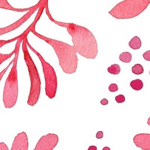 Pink watercolor leaves and dots non-directional pattern on white background, 18.00in x 18.00in
