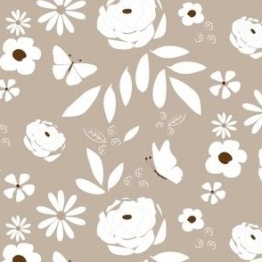 White Roses Flowers and Leaves with Tossed Butterflies on Soft Beige 