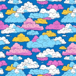 pop art clouds in blue pink and yellow