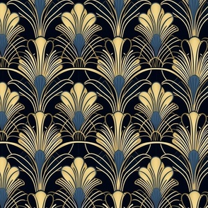 art nouveau flowers in black gold and blue