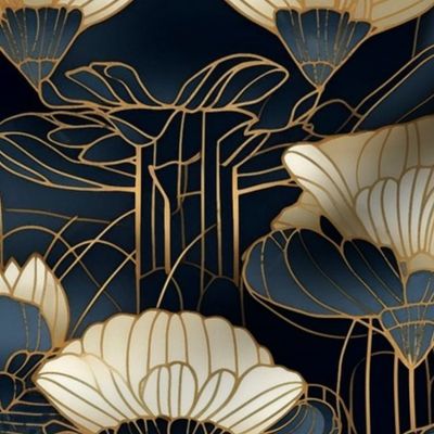 art deco flowers gold blue and black