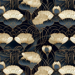 art deco flowers gold blue and black