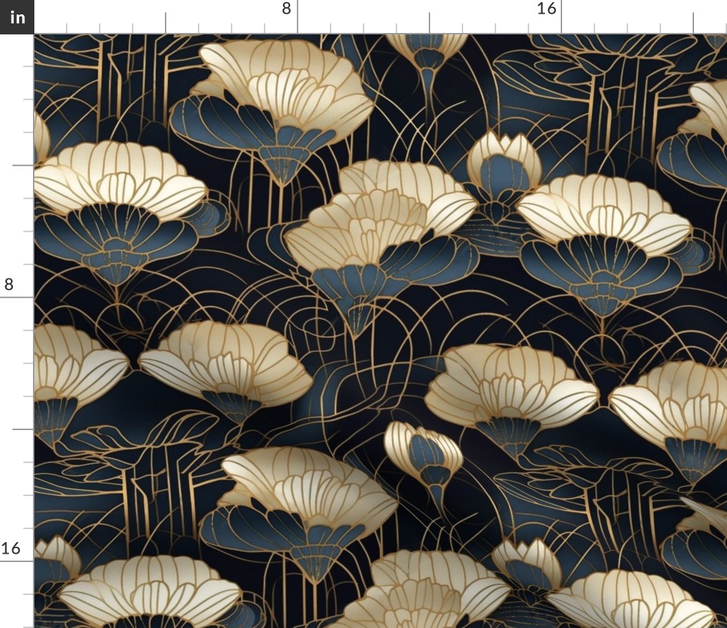 art deco flowers gold blue and black