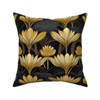 art deco lotus flowers in blue gold and black