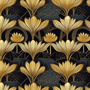 art deco lotus flowers in blue gold and black