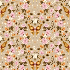 Whimsigothic Moth, moon and flowers on beige