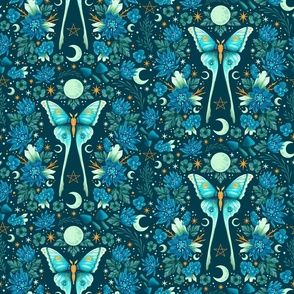 Whimsigothic Moth, moon and flowers, blue and turquoise