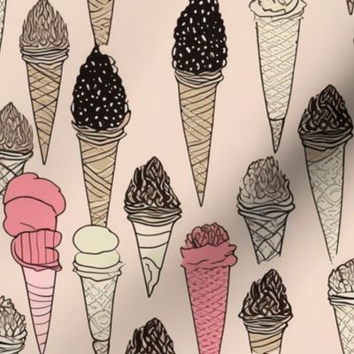 strawberry chocolate vanilla ice cream cones inspired by aubrey beardsley