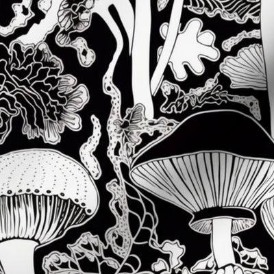 mushrooms in black and white inspired by aubrey beardsley