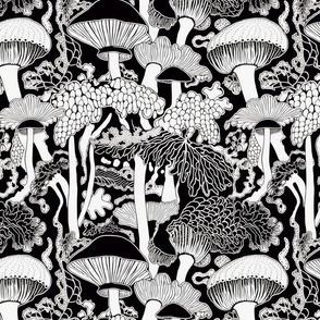 mushrooms in black and white inspired by aubrey beardsley