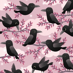 a murder of crows on dusty pink