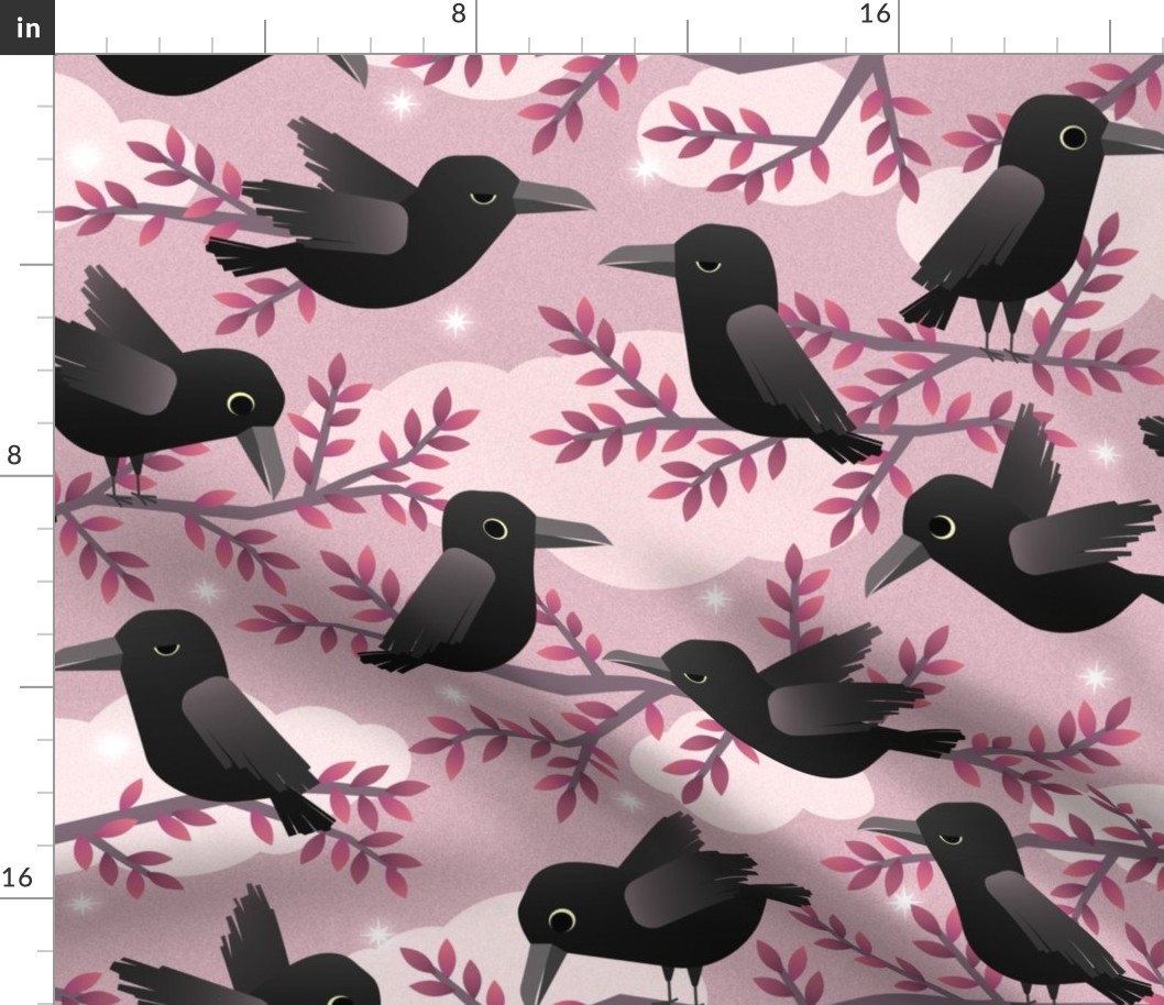 a murder of crows on dusty pink