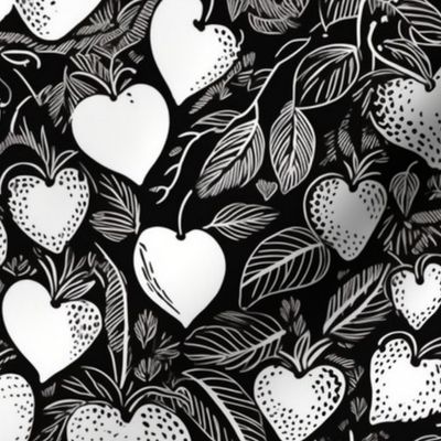 heart shaped strawberries in black and white inspired by aubrey beardsley