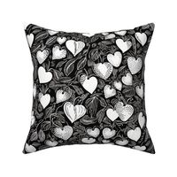heart shaped strawberries in black and white inspired by aubrey beardsley