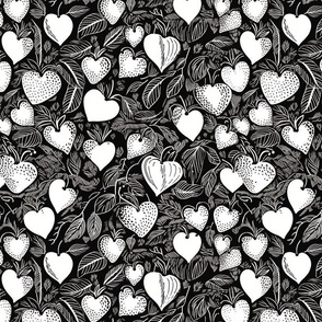 heart shaped strawberries in black and white inspired by aubrey beardsley