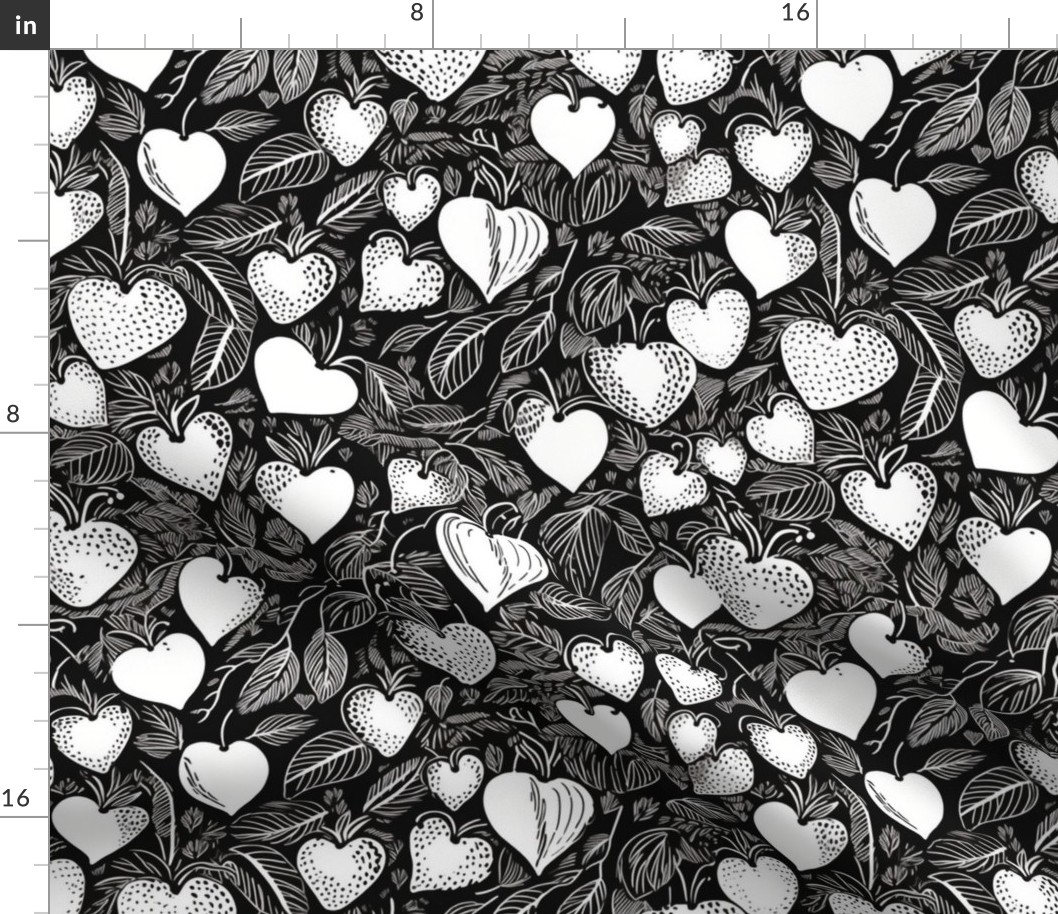 heart shaped strawberries in black and white inspired by aubrey beardsley