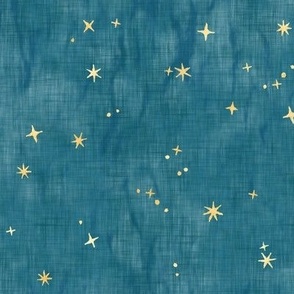 Shibori Stars on Teal - Railroad (90 degrees) | Night sky fabric, block printed gold stars on shibori linen pattern, block print stars on blue green, constellations, blue star fabric.