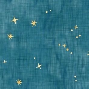 Shibori Stars on Teal (large scale) - Railroad (90 degrees) | Night sky fabric, block printed gold stars on shibori linen pattern, block print stars on blue green, constellations, blue star fabric.