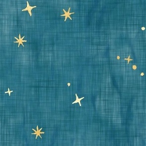 Shibori Stars on Teal (xl scale) - Railroad (90 degrees) | Night sky fabric, block printed gold stars on shibori linen pattern, block print stars on blue green, constellations, blue star fabric.
