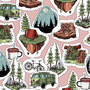 Camping stickers on pink