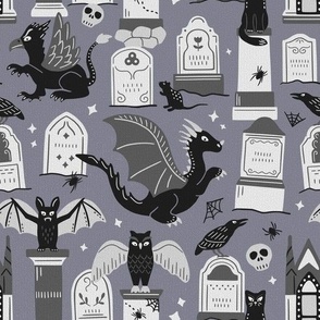 Dragon and gryphon in the cemetery of statues - purple gray background