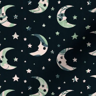 Boho style moon and stars with green marble texture on a black background 