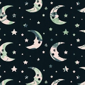 Boho style moon and stars with green marble texture on a black background 