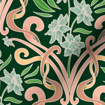 Floral Art Nouveau- Daffodils in coral and green

