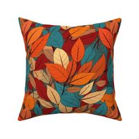 fall leaves in green teal, orange red, and gold