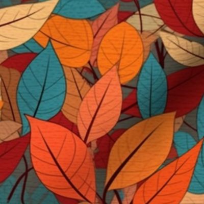 fall leaves in green teal, orange red, and gold